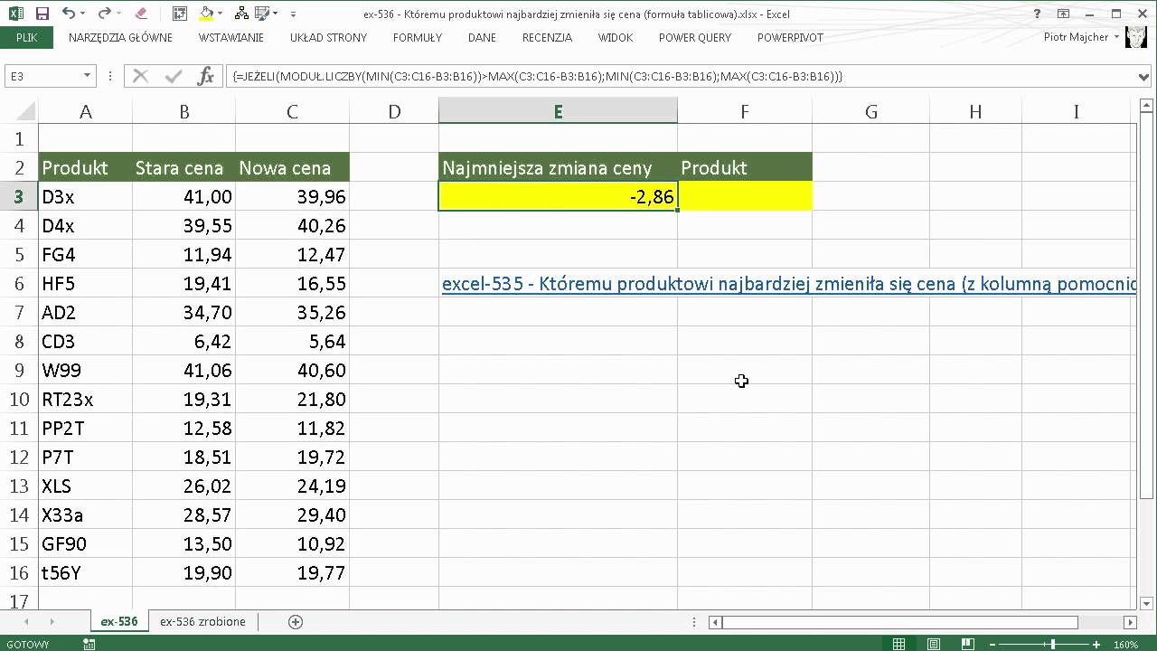 excel-536 - Któremu produktowi najbardziej zmieniła się cena (formuła tablicowa)