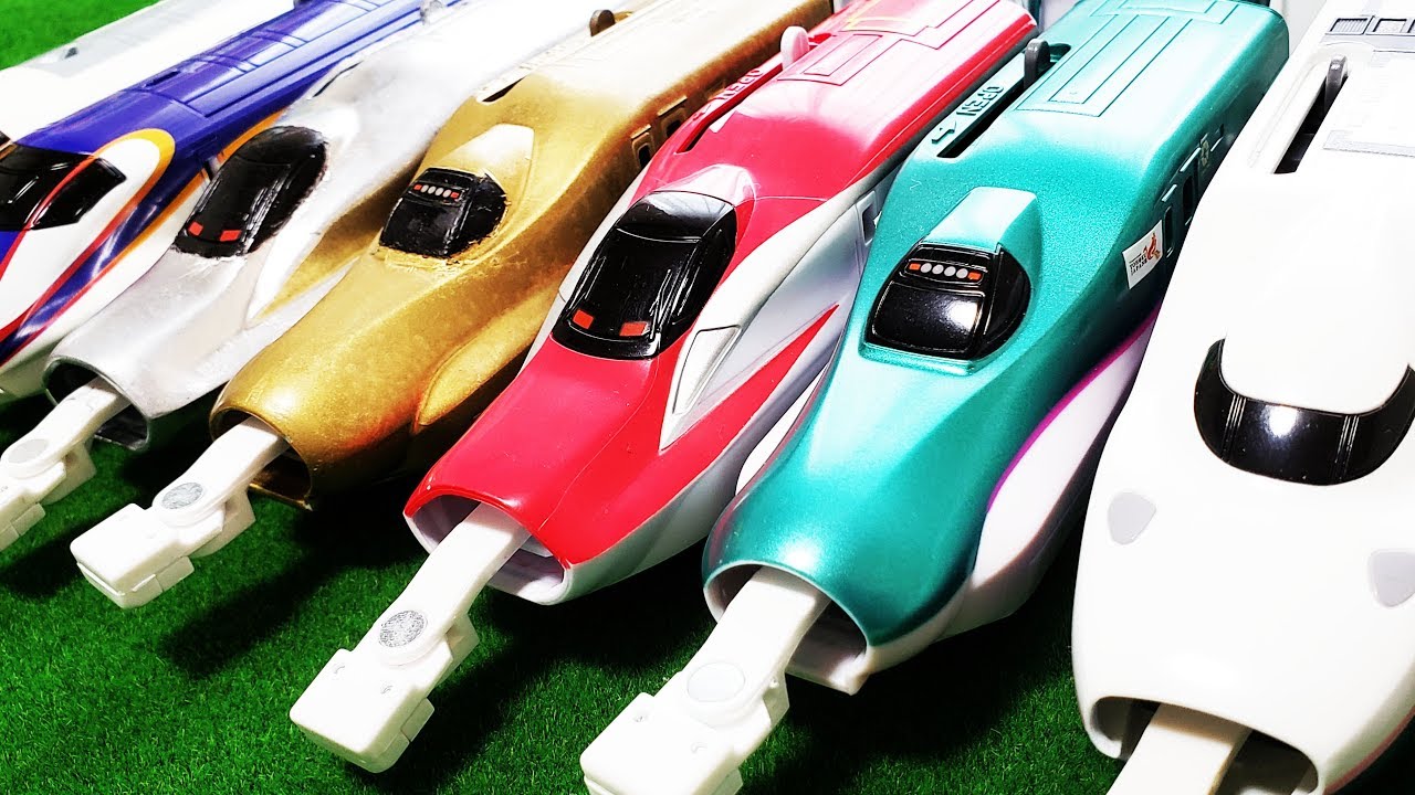 プラレール 新幹線で連結 E5系はやぶさやE4系MAX、400系新幹線やE6系こまちが連結して洗車場やトンネル、踏切を通ってぐらぐら橋を渡るよ えあわせカード hifumitoy