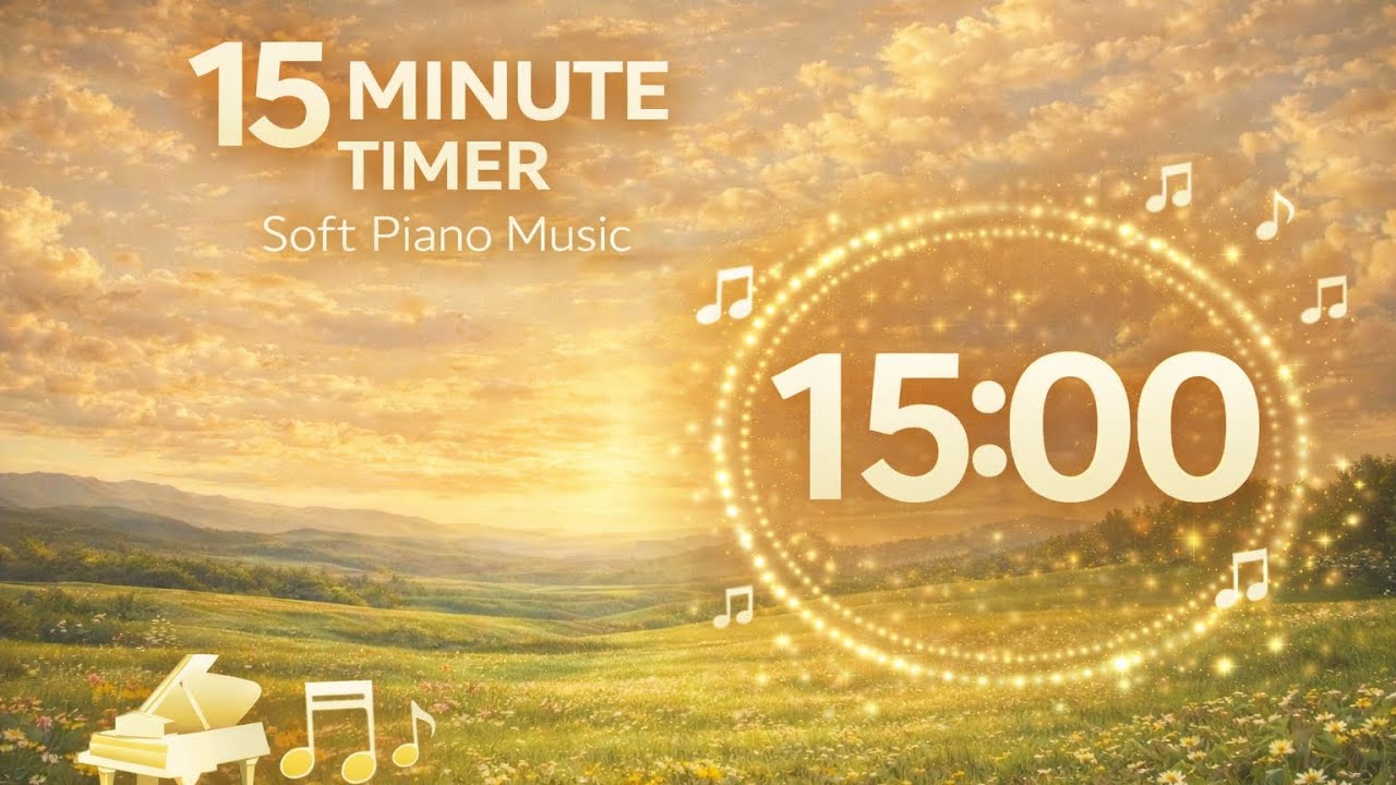 15 Minute Countdown Timer | Peaceful Meadow Clouds + Soft Piano | Deep Focus Reset