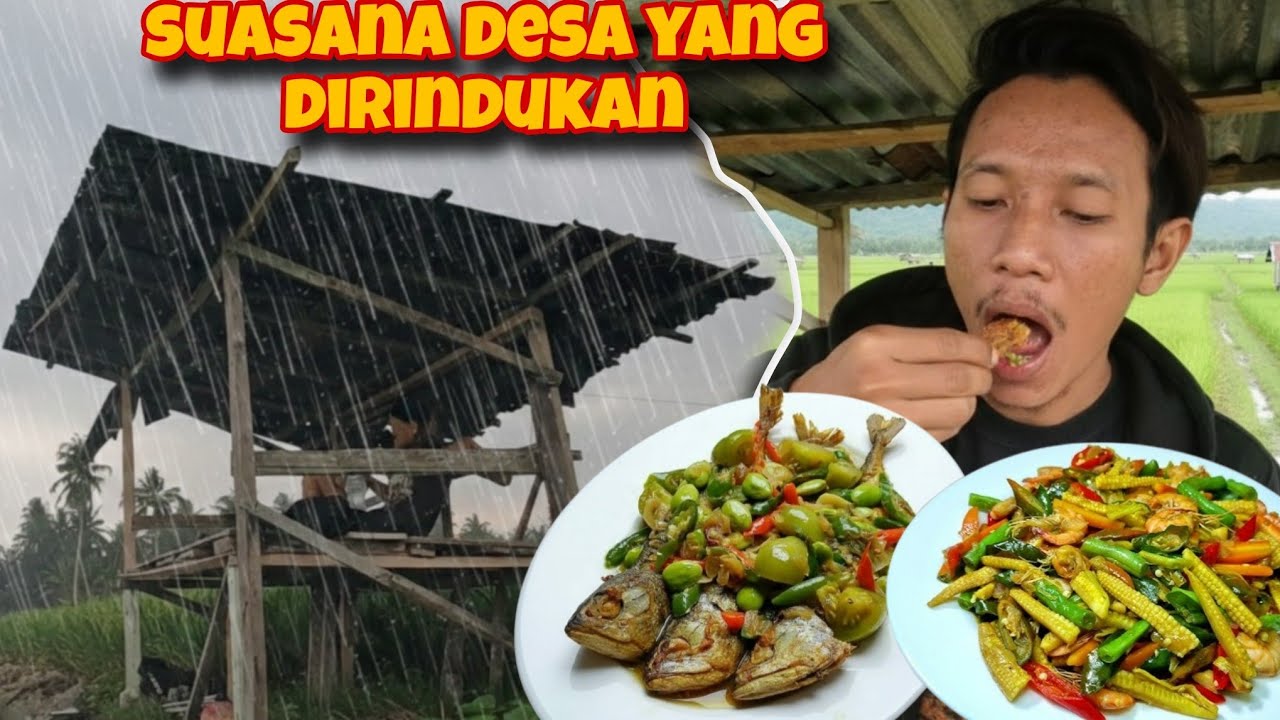 SUASANA DESA YANG DIRINDUKAN!! MAKAN IKAN ASIN PEDA SAMBAL IJO DIGUBUK TENGAH SAWAH SAAT HUJAN DERAS