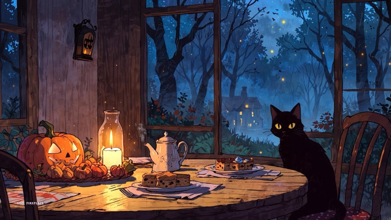 Cozy Halloween Rainy Ambience Lofi 🎃 ~ Spooky Beats to Study, Chill & Sleep