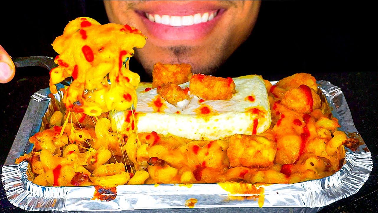ASMR CHEESIEST MAC & CHEESE CRISPY TOTS MUKBANG EATING MACARONI AND CHEESE TATER TOTS NO TALKING