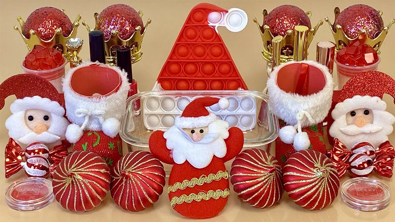 ASMR Slime 🎅💖 Mixing ”Santa Claus” makeup, Eyeshadow, glitter into slime. Satisfying slime video.