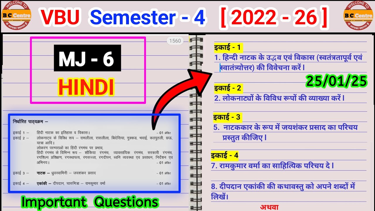 Semester 4 Mj 6 hindi important questions  vbu semester 4 major 6 hindi Hindi natak ke ubhdav vikash