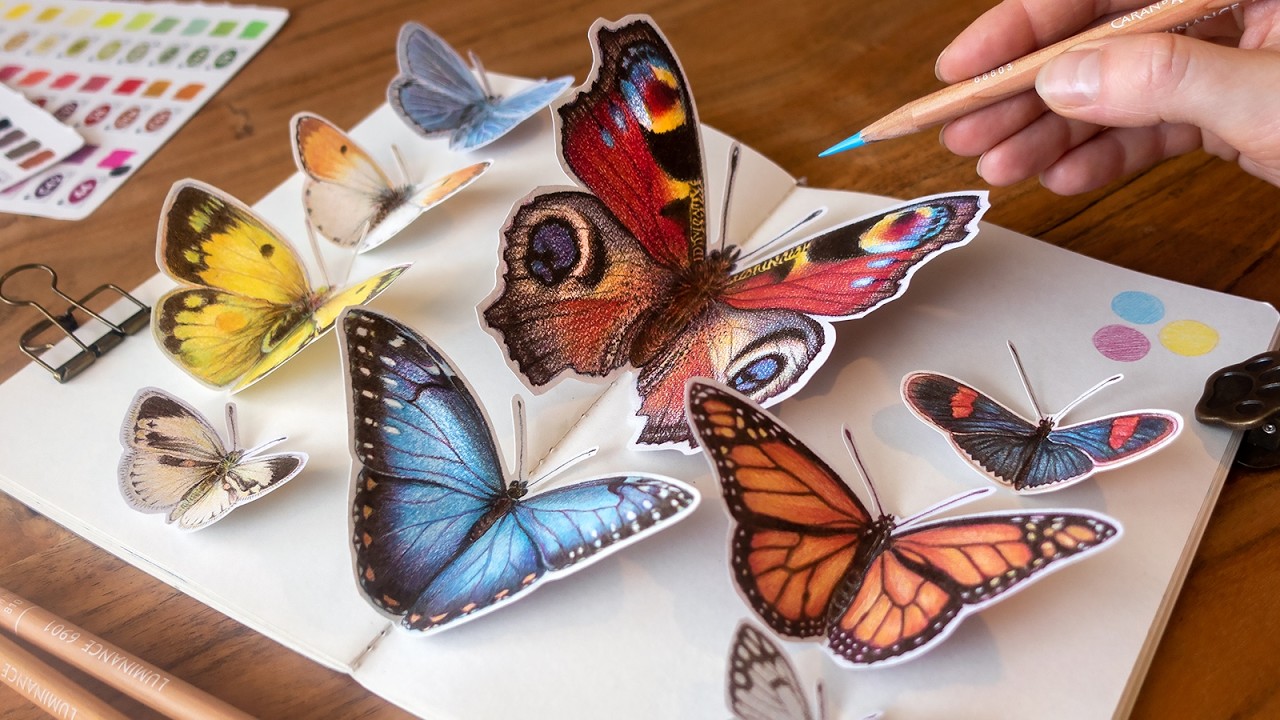 Drawing butterflies with ONLY 4 colored pencils (no music)