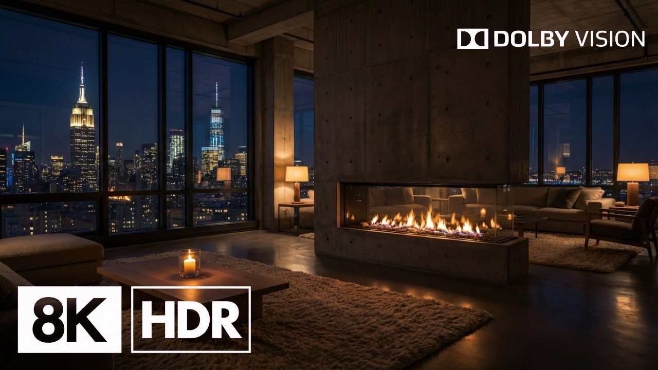 8K Luxury Penthouse Night Ambience 🌃🔥 – 2 Hours of Fireplace & City Skyline Sounds