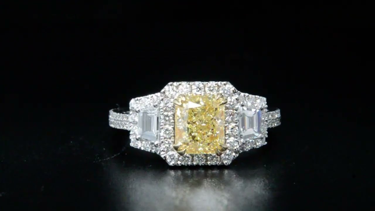 Natural Radiant Cut Fancy Yellow 3 Stone Trapezoids Halo Pave Diamond Engagement Ring - GIA