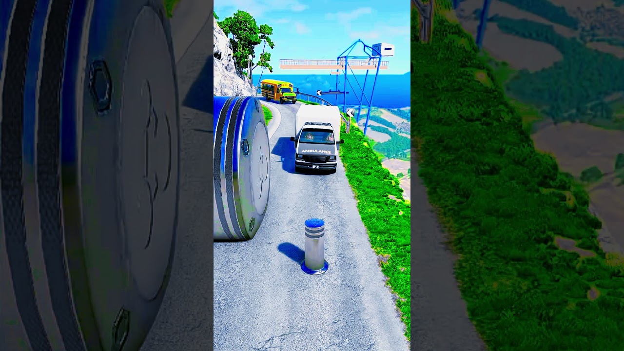 Ambulance & School Bus vs Giant Pit Bollards Crash BeamNG.drive #shorts #ytshorts #shortsfeed