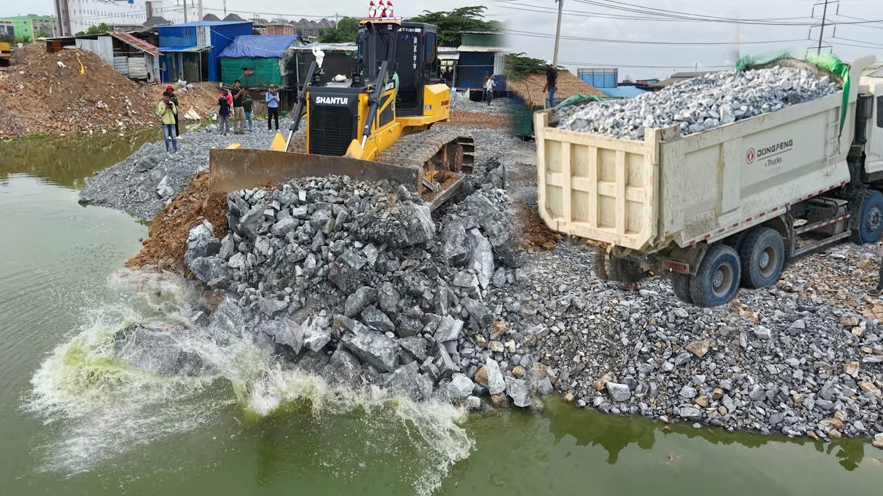 Update Project build new road cross the water use stone SHANTUI C3 pro Dozer & 25T DONGFENG TRUCKS 