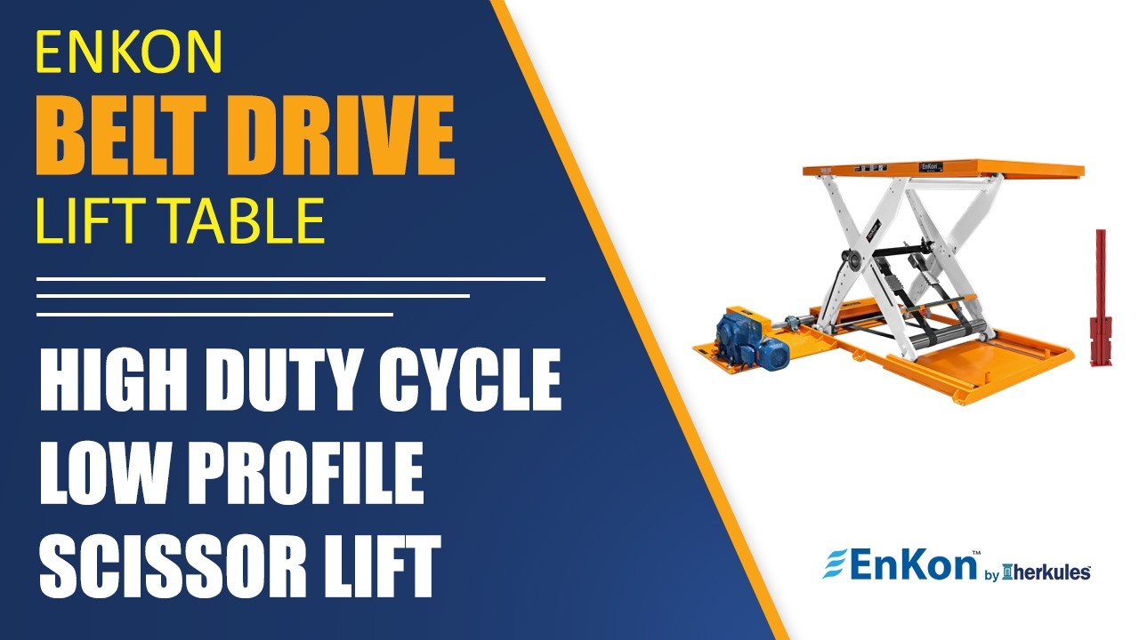 v1665 01 enkon low profile belt drive scissor lift table part load conveyor transfer high duty cycle