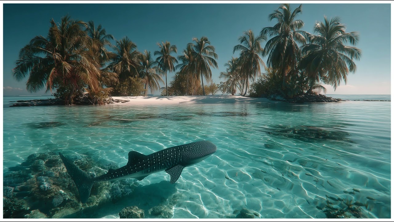 Whispers Of The Blue Giant | Whale Shark Beneath A Tropical Island  | Still Art Screen Saver | 4K