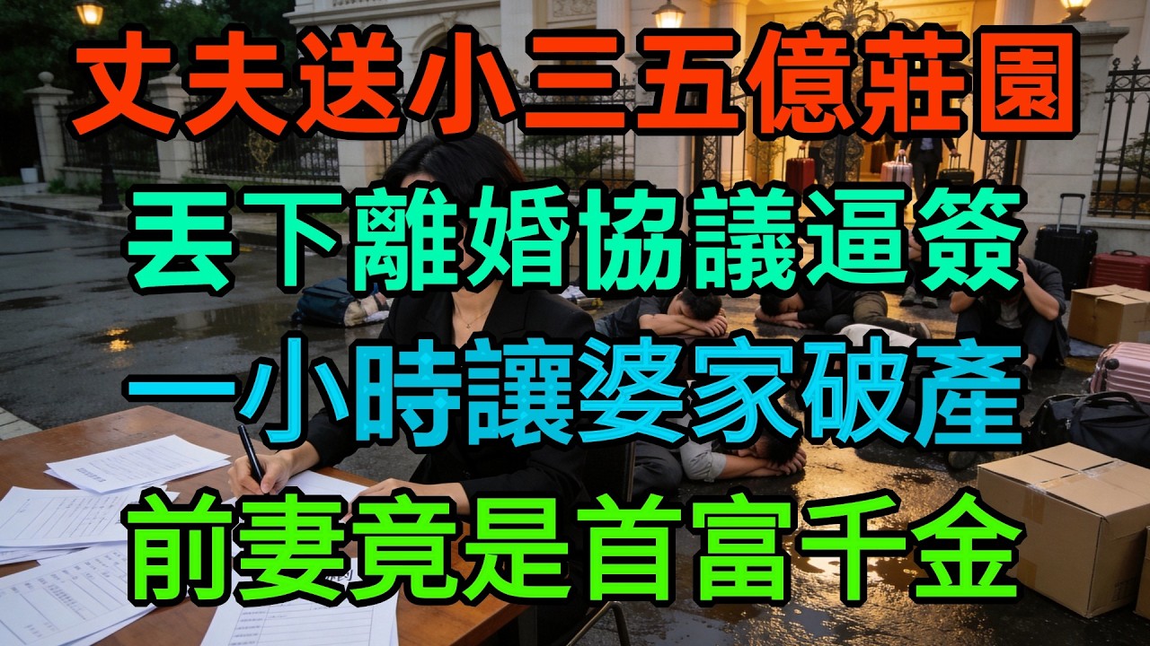 丈夫送小三 5 億莊園，丟我離婚協議！我簽字 1 小時讓婆家破產，16 口睡大街全嚇癱，律師驚喊：您前妻是首富千金！