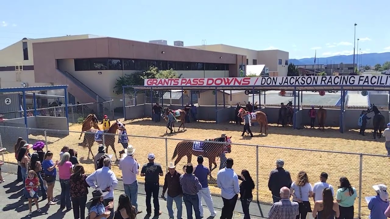 2025年6月22日。Grants Pass Downs競馬場第6レースパドック～本馬場入場