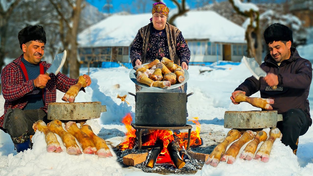 Making Real Khash in the Snowy Village: Traditional Bone Broth Recipe from Scratch