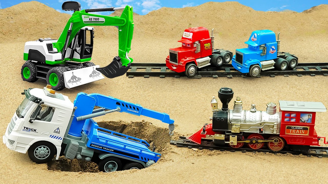 Excavator, Crane Truck and Road Roller Rescue Trucks from Sand Hole
