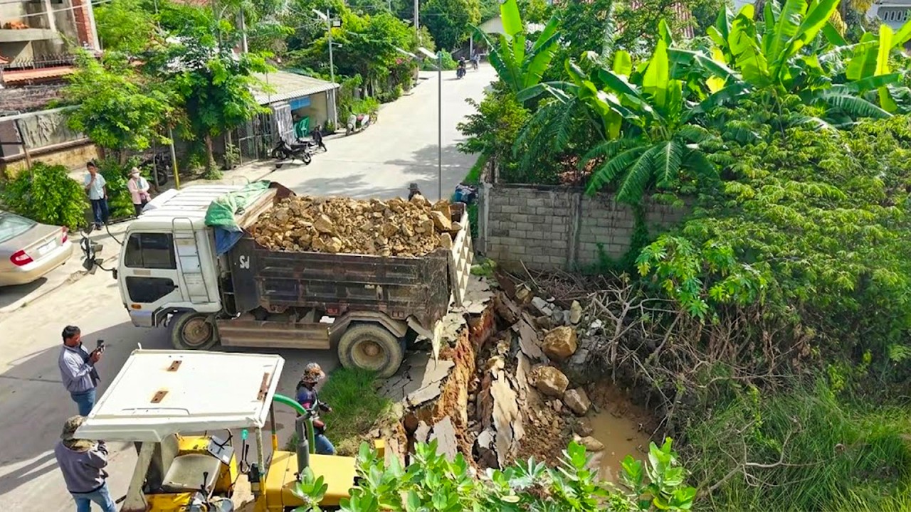 Huge Landfill Project! Dozer & 5T Truck Filling Deep Canal and Flooded Ground