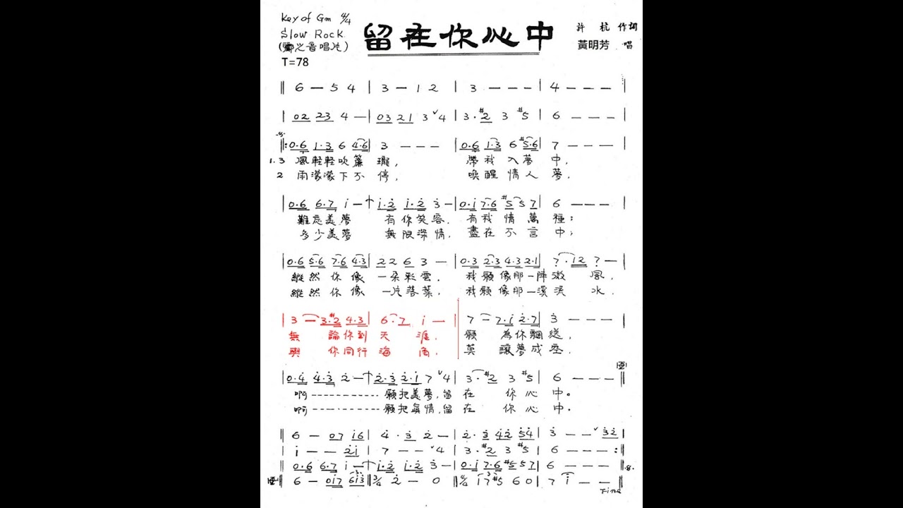 留在你心中-黃明芳(秦克)(許杭作詞)伴唱動態樂譜 Slow Rock 78 Am