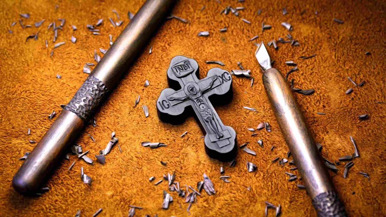 Hand carving in wood, creating a Greek Orthodox cross entirely by hand