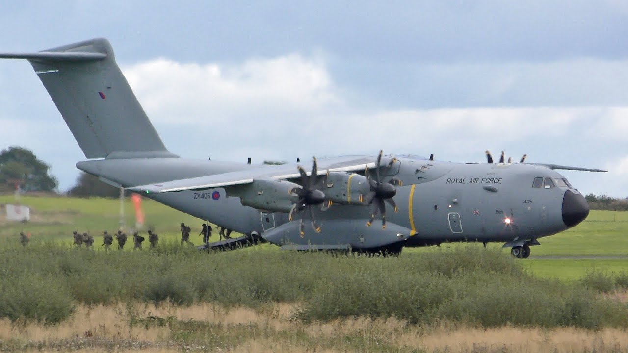 Carlisle Airport - 2 RAF A400s landing and take-off & landing