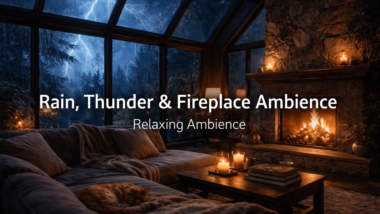 (NO ADS) Cozy Cabin During Thunderstorm ⚡ Rain, Thunder & Fireplace Sounds for Sleep
