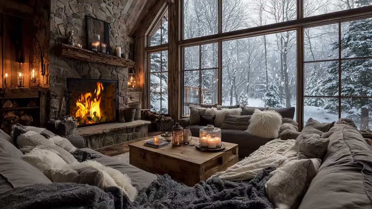 Snowy Night ASMR: Cozy Room Ambience with Fireplace and Snowfall Sounds for Meditation