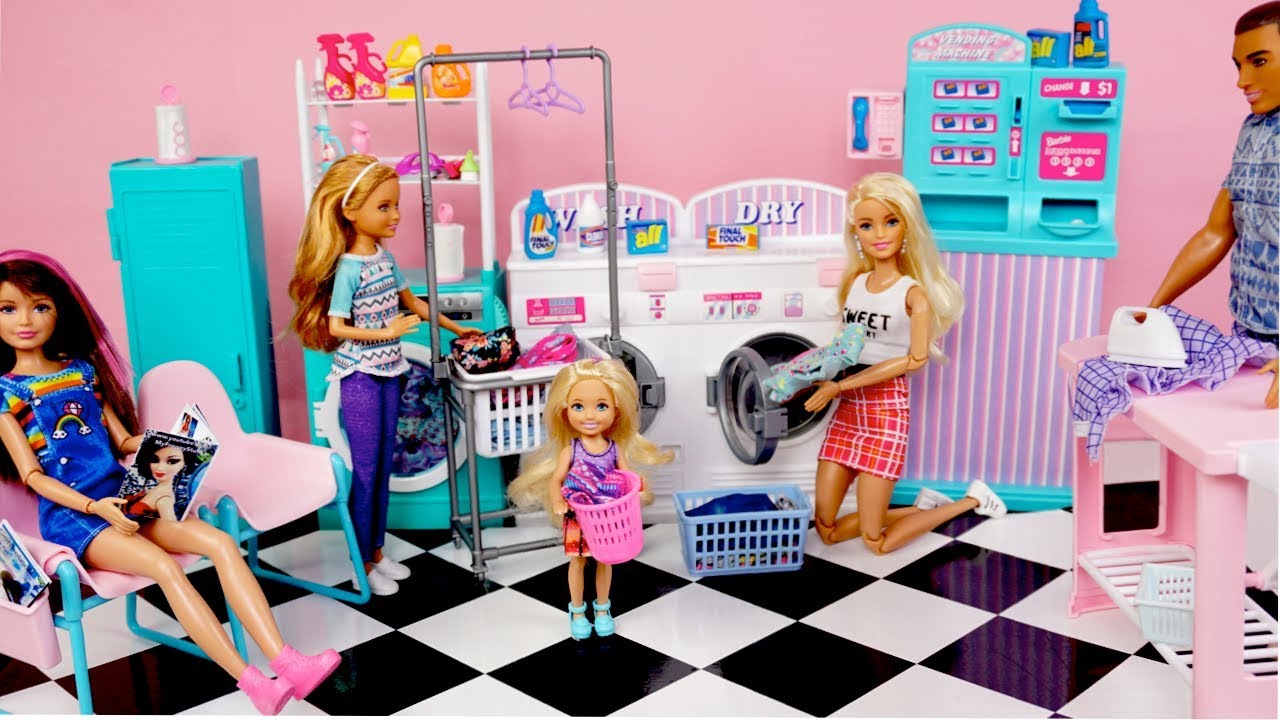 Barbie Doll Laundry Day Routine - Toy Washing Machine Laundry Mat Playset
