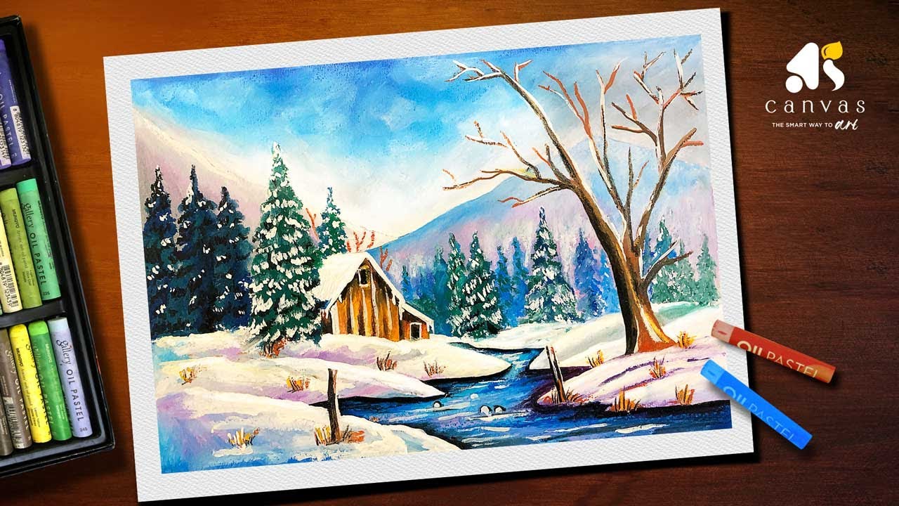 Oil Pastel Winter Landscape Scenery Drawing / Winter Landscape Scenery Drawing with Oil Pastel