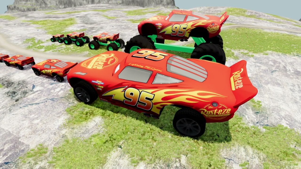  Big & Small McQueen & Police Car vs Zombie Mack, Giant steep slope  Downhill Race – BeamNG.drive