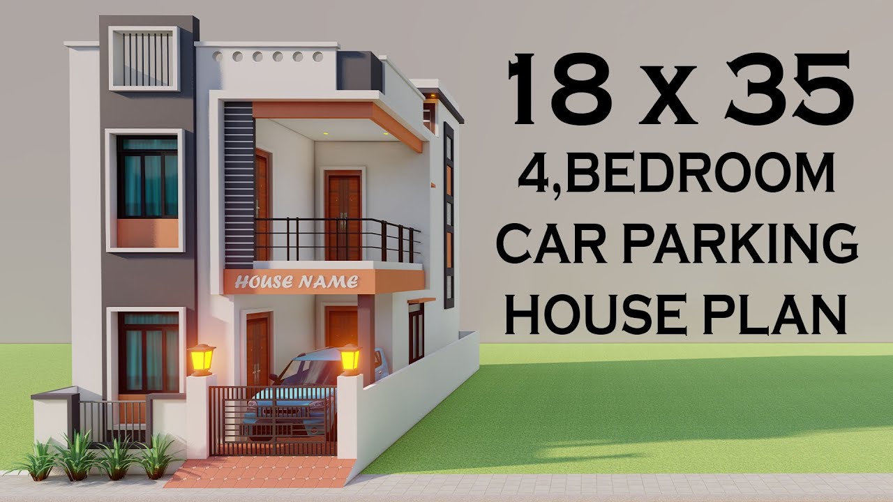 अब 18X35 में चार कमरे का कार पार्किंग के साथ मकान का नक्शा,3D 18x35 4 Bedroom House Elevation