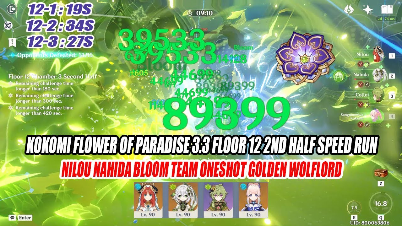 Kokomi Flower Paradise ft Nilou Nahida Bloom Team 3.3 Floor 12 Speed Run - Oneshot Wolflord