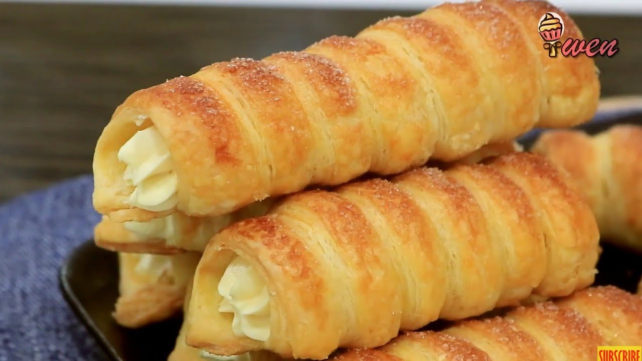 羊角酥/奶油卷筒/忌廉卷筒食谱|千层酥皮，卡士达酱|Cornet Pie/Cream Horns/Danish Cream Rolls Recipe|Puff Pastry,Custard Cream