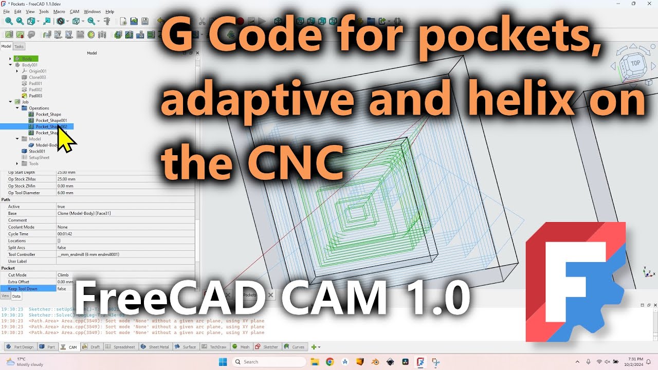CNC Pockets – Cut Holes & Cavities in FreeCAD 1.0 CAM | Pocket, Helix & Adaptive Toolpaths Tutorial