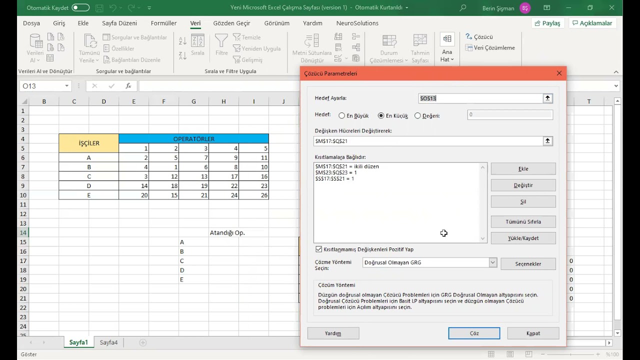 EXCEL SOLVERDA ATAMA PROBLEMLERİNİN ÇÖZÜMÜ