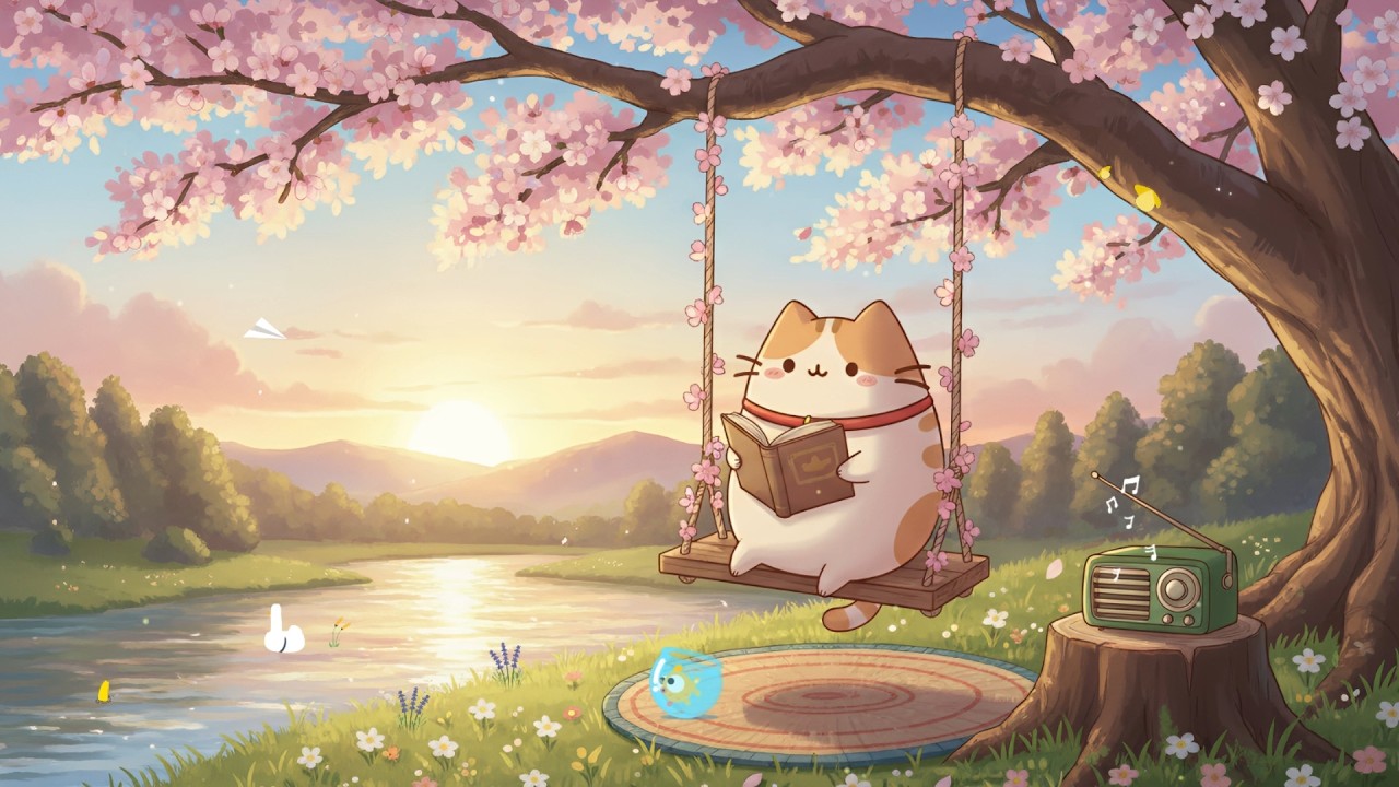 Chilling on Sakura Swing Milky's Cat 🌸 Spring Lofi Jazz 🌅 Relaxing Music to Unwind