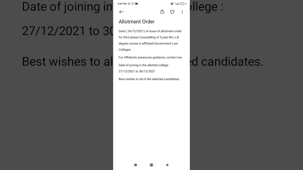 Allotment order for third phase Counselling of 5 year BA LLB degree course in Affiliated Law College