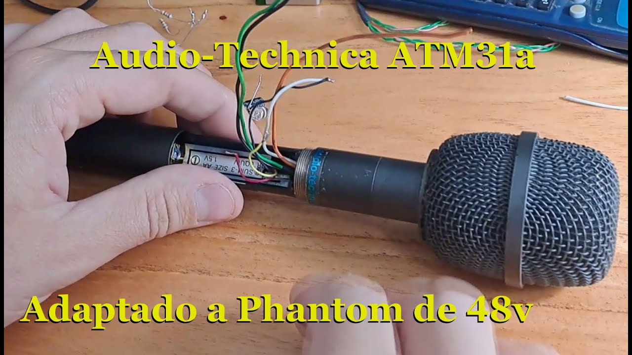 Micrófono Audio Technica ATM31a a pila, adaptado a 48V.