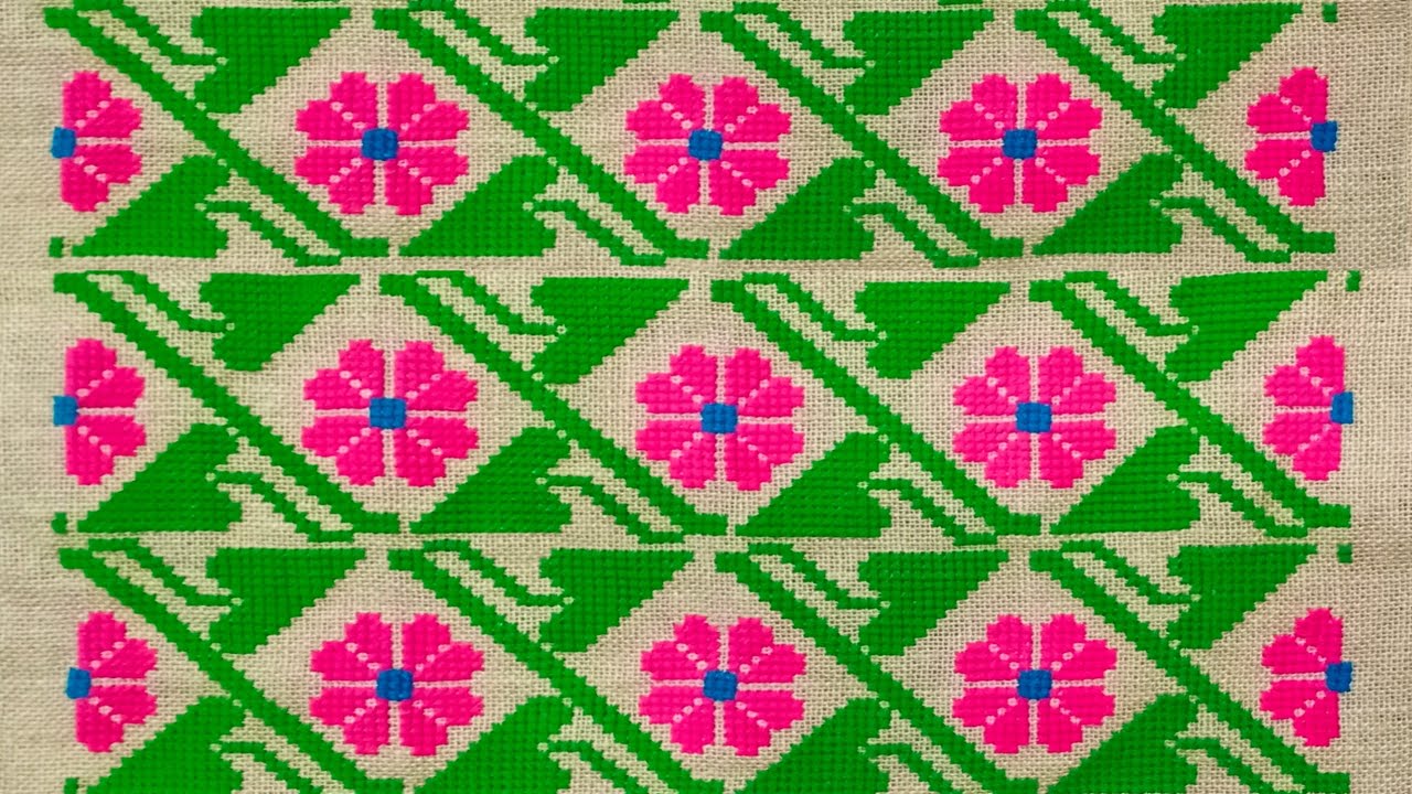 Part 1 : আসনের নতুন ডিজাইন /ফুল লতাপাতার আসন সেলাই / Cross Stitch Flower,Stem And Leaf Design Mat