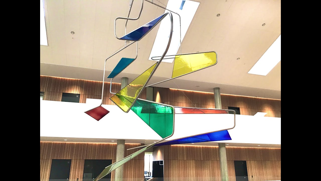 Huge architectural hanging mobile: Mouthblown coloured glass. Abstract map of Denmark. Peter Stuhr