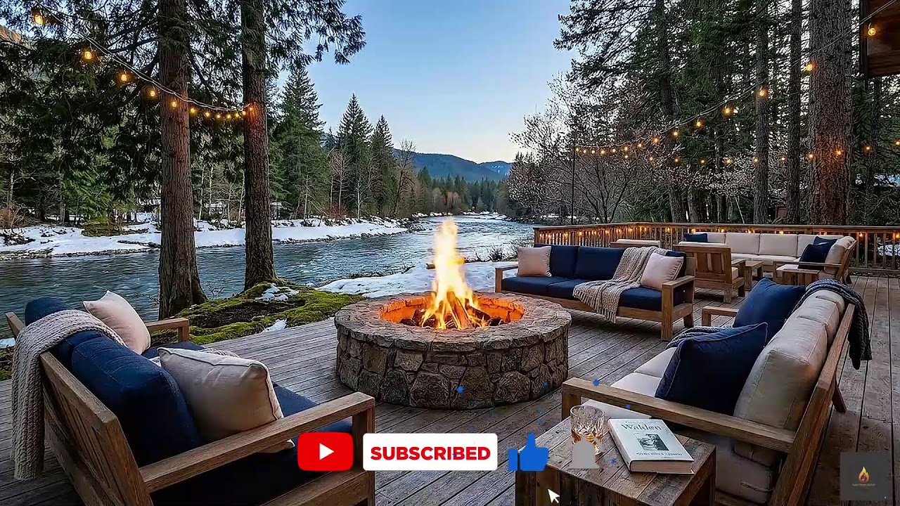 Pure Serenity Smooth Jazz & Fire Crackling Luxury Riverside Deck Forest View Sleep Quickly 🌠