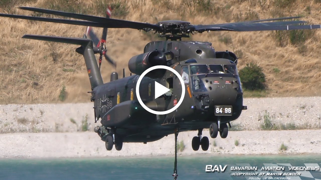 Sikorsky CH-53GE - German Air Force 84+96 - water bucket refilling at Lechfeld | Clearwater22