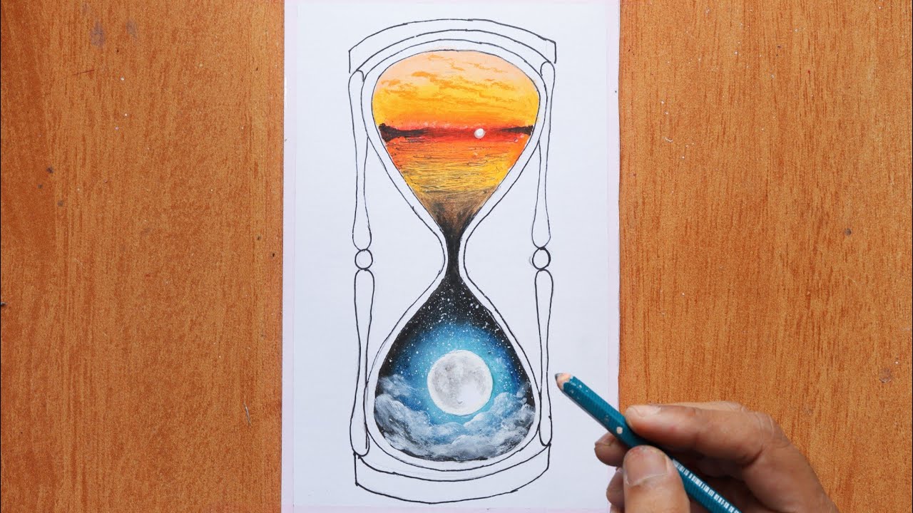 Sand clock / Sunset / moonlight scenery drawing / oil pastel drawing for beginners / step by step