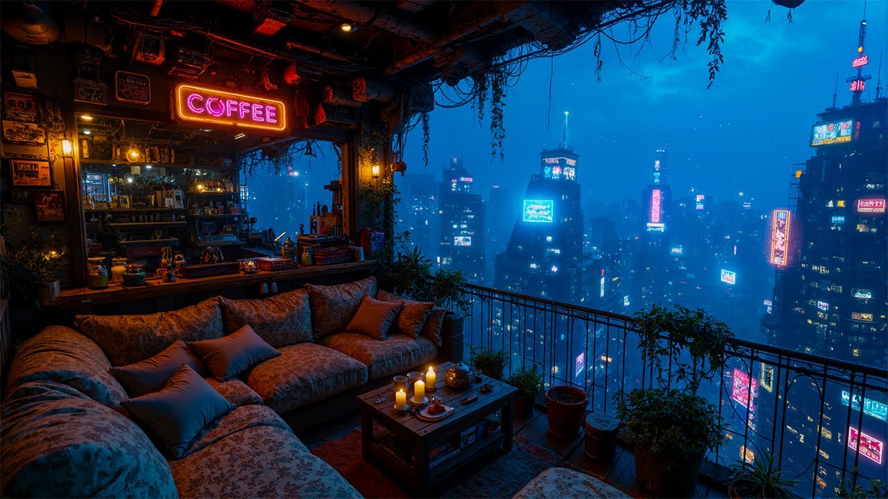 Cyberpunk Coffee Balcony 🌃 Warm Lights Over a Neon City | Night Rain Ambience | 4K
