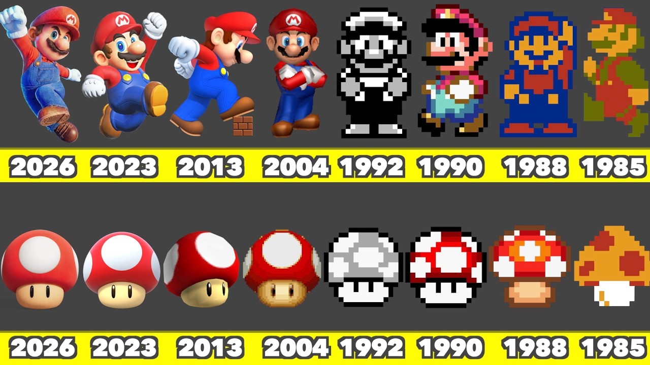 Evolution of Super Mushroom Game Graphics in Nintendo Games & Super Mario Galaxy Movie (1985-2026)
