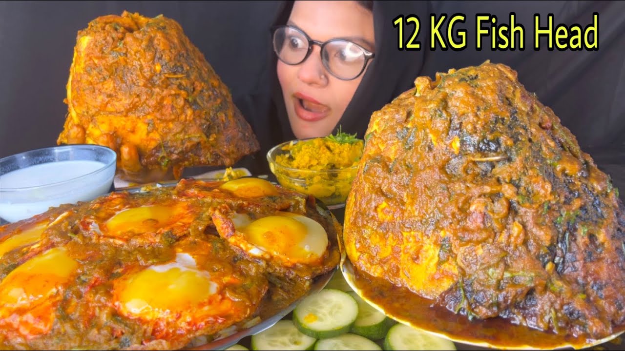 EATING 12 KG FISH HEAD CURRY WITH RICE & SUNNY SIDE UP EGGS CURRY,MILK RICE | messy eating