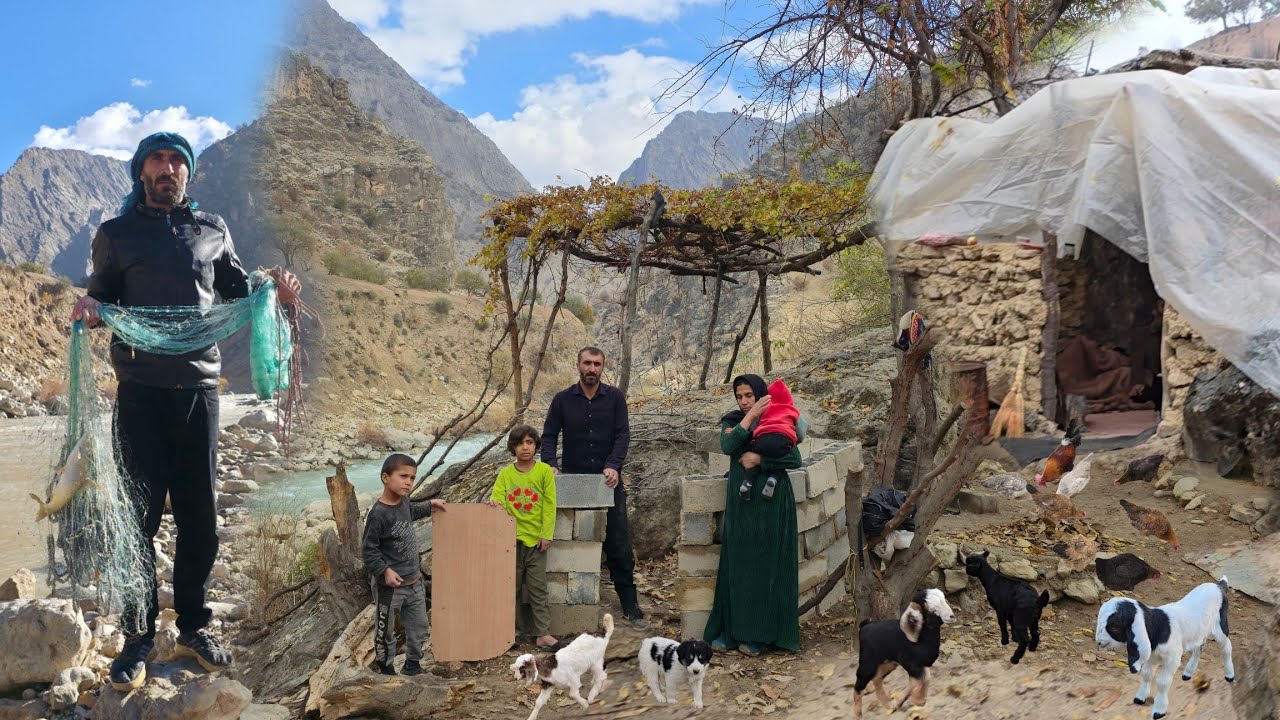 Nomadic life by the wild river: fishing, traditional cooking, and building a baby goat shelter