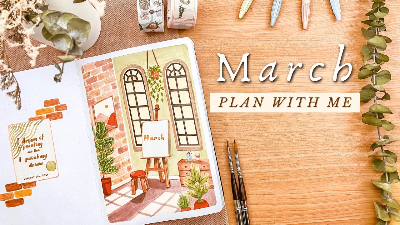 PLAN WITH ME • March Bullet Journal Setup 2022 🎨 Art Studio Theme with Watercolors