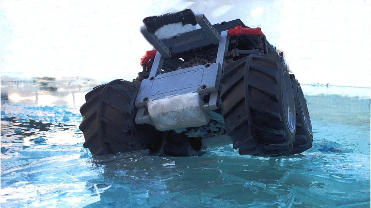 Lego Technic Sherp Amphibious RC Car Crashing Through Ice and Swimming on Water
