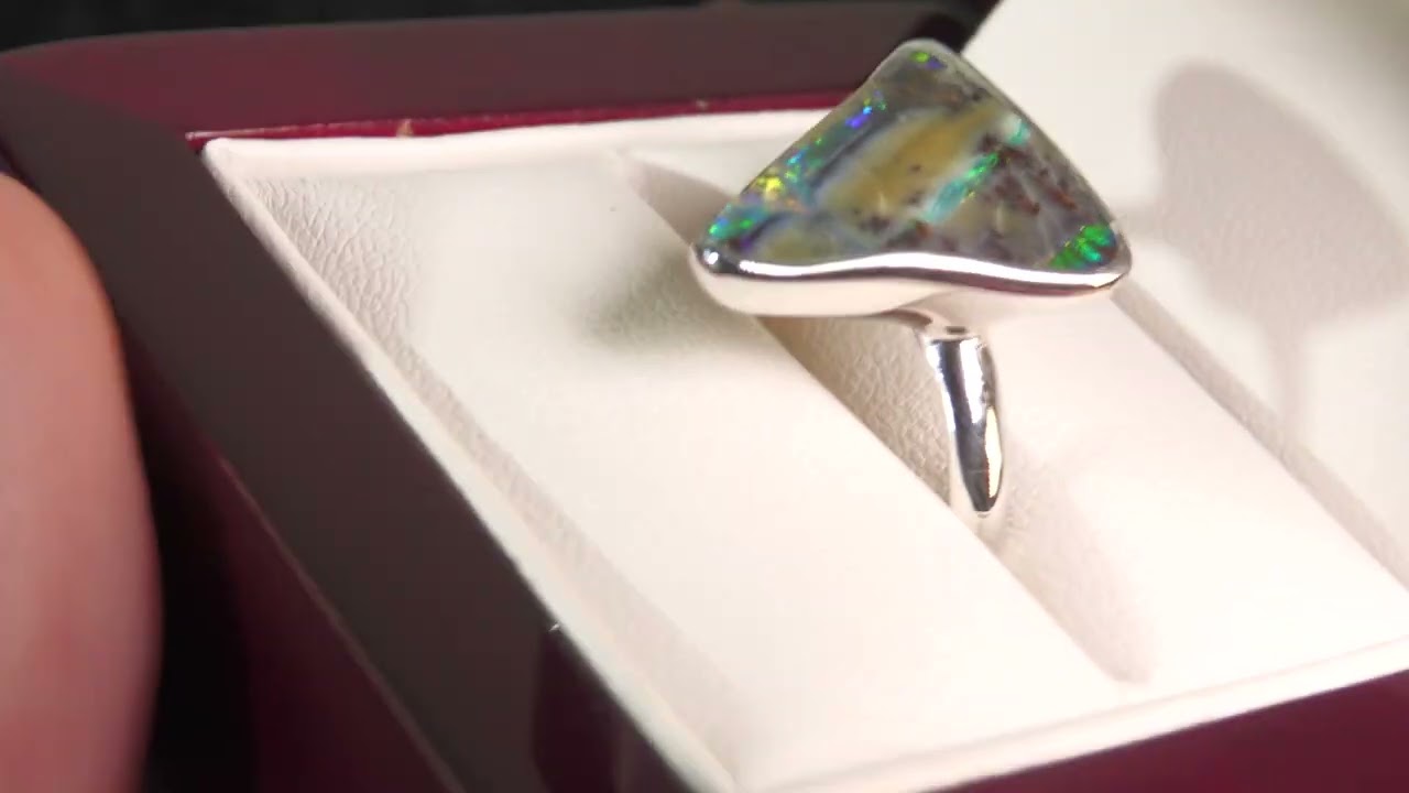 #21582 Solid Boulder Opal Triangle Bezel / Rubover has bright stripe of fire - from Queensland A...
