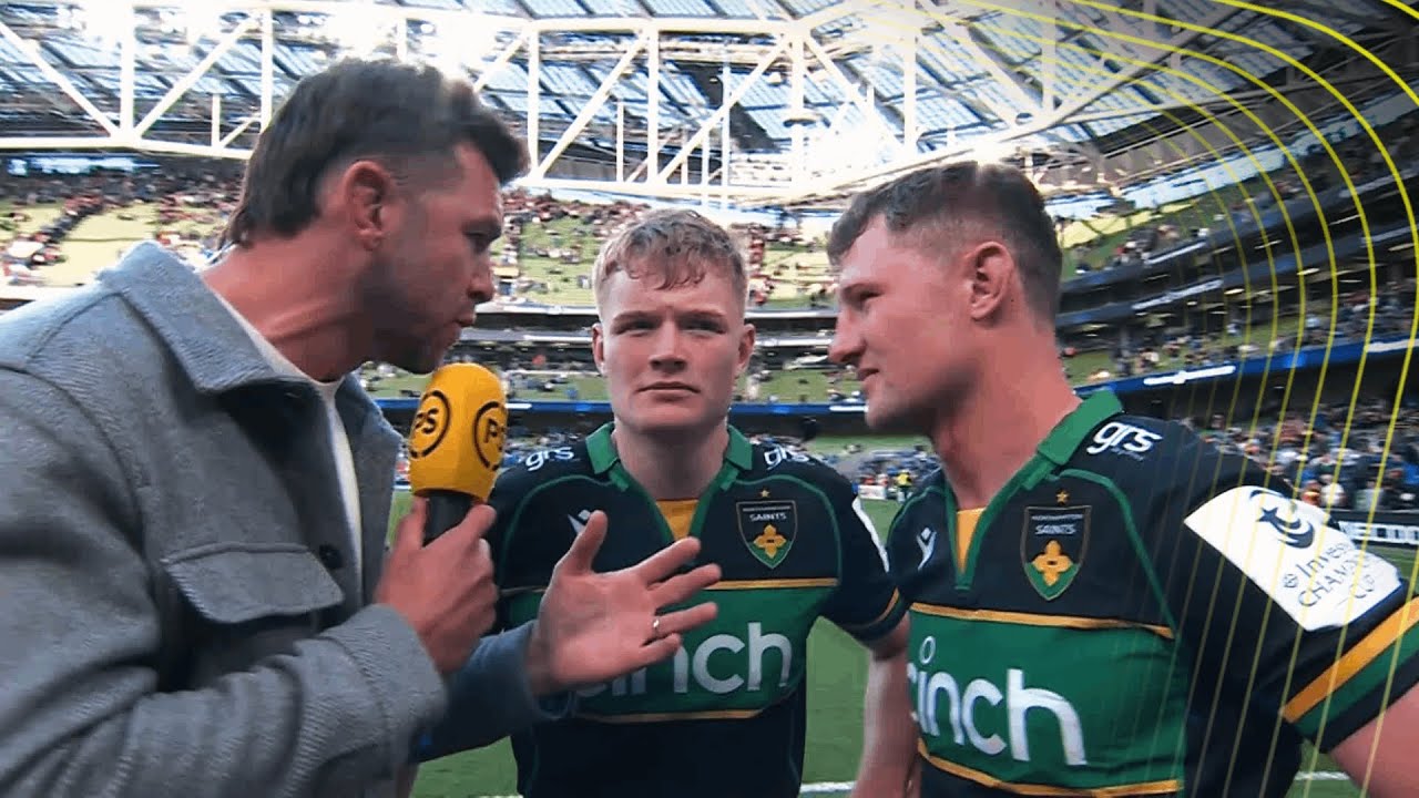 Fin Smith and Fraser Dingwall react after Northampton Saints' Semi-Final victory against Leinster