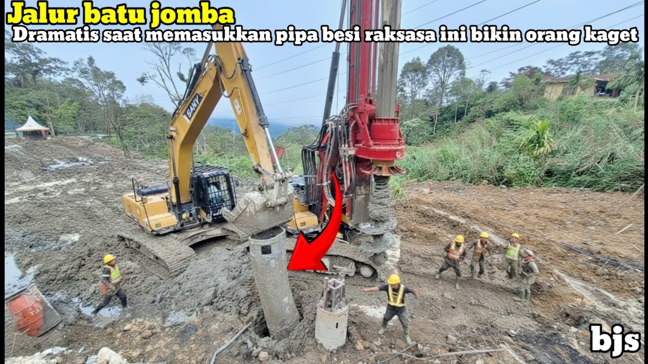 Jalur batu jomba‼️Dramatis saat memasukkan pipa besi raksasa ini bikin orang panik